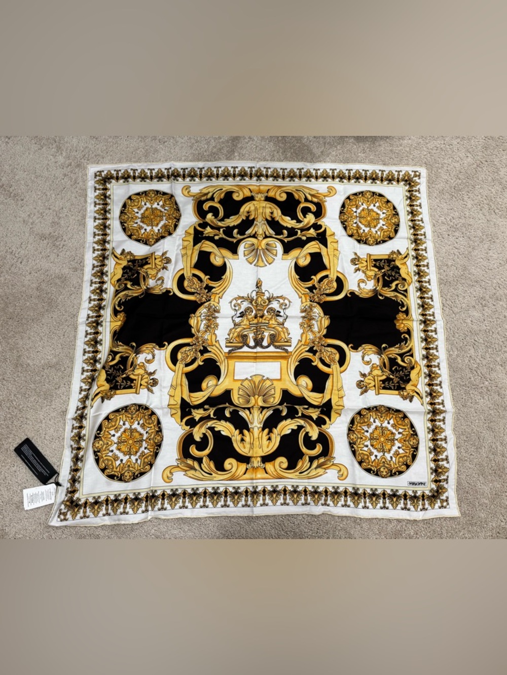 Versace Baroque Print Scarf in Black, Gold & White